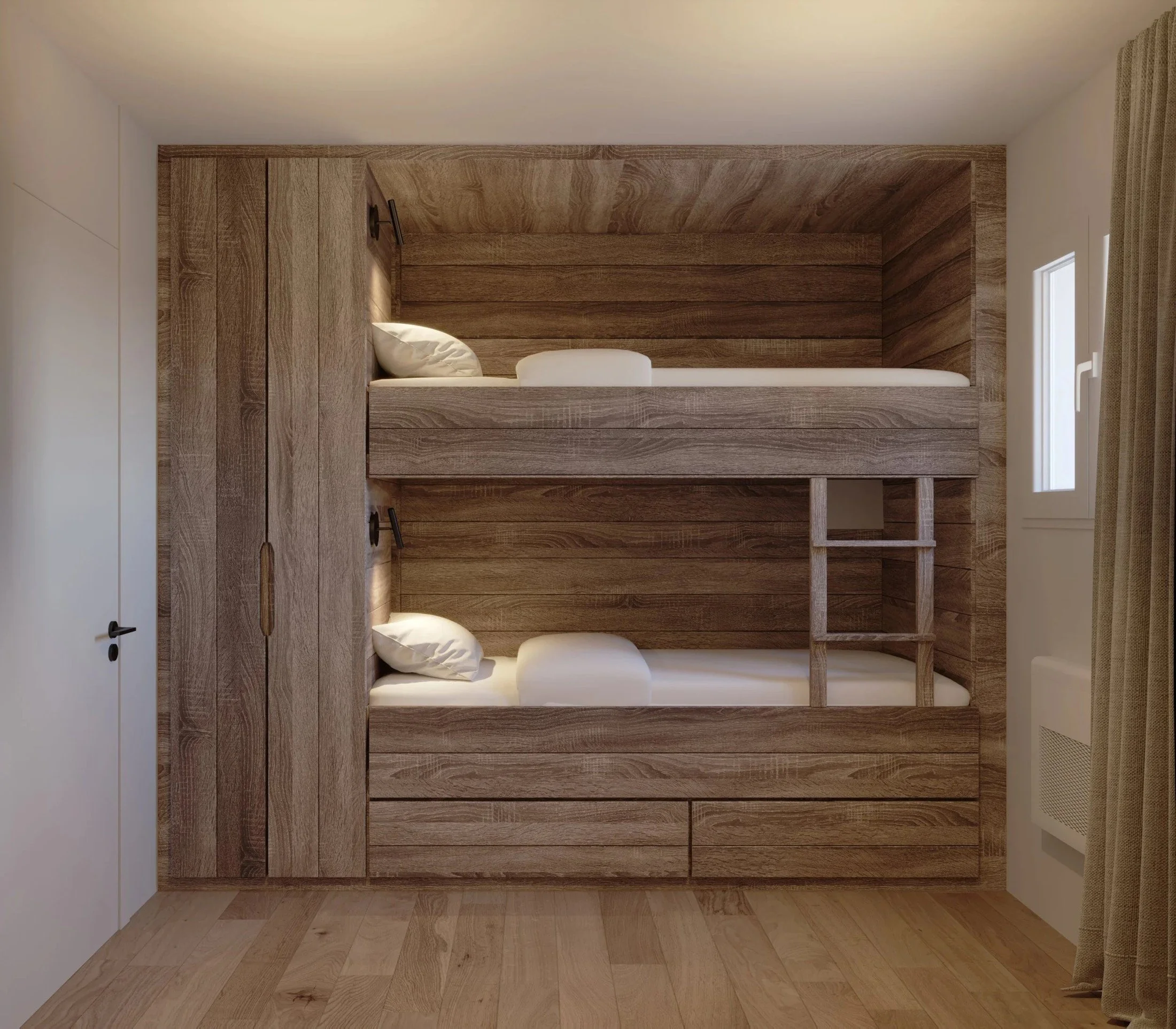 Alpine apartment bunk room concept with integrated timber beds and storage.