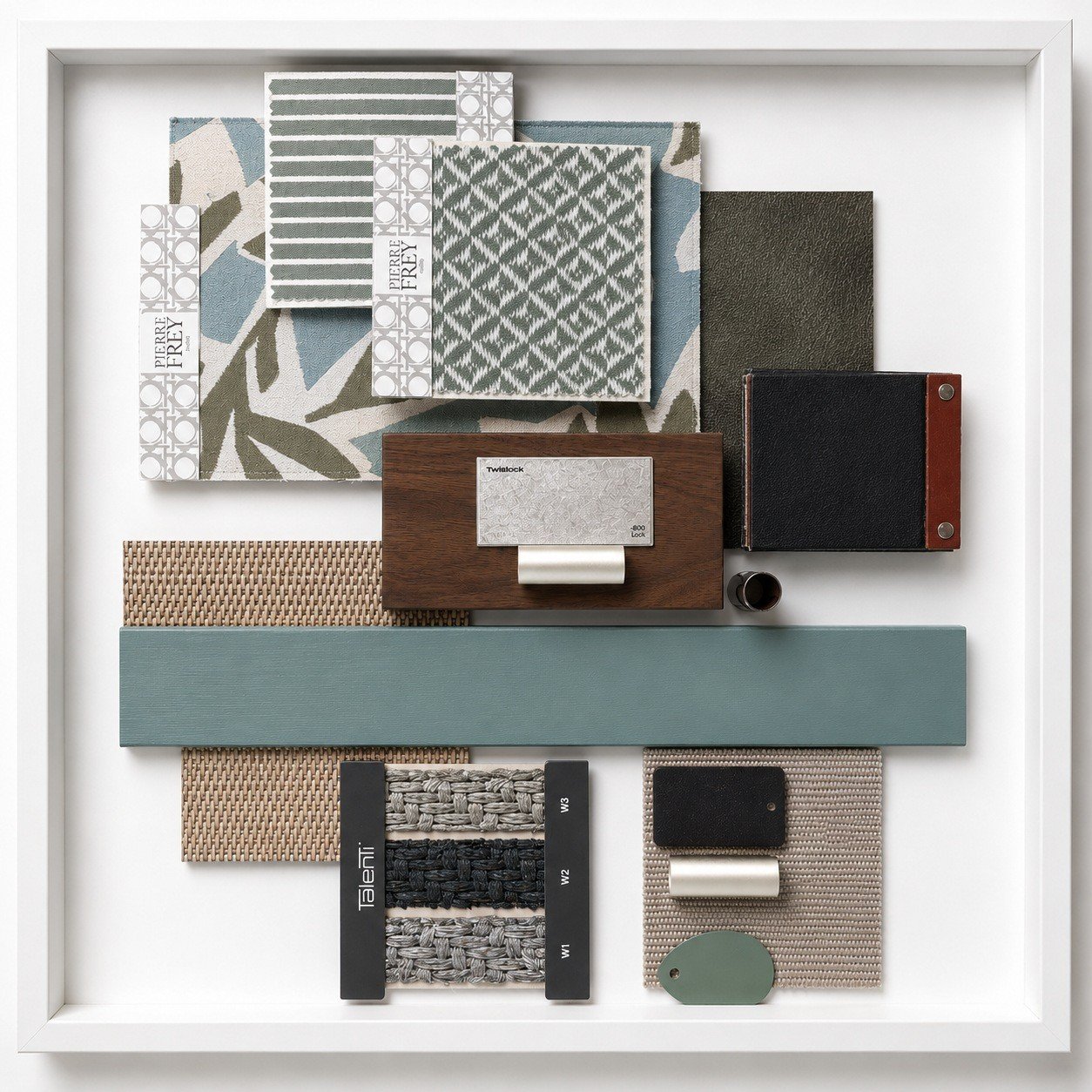 Winkelried furniture and material concept with seating, timber finishes and neutral upholstery samples.