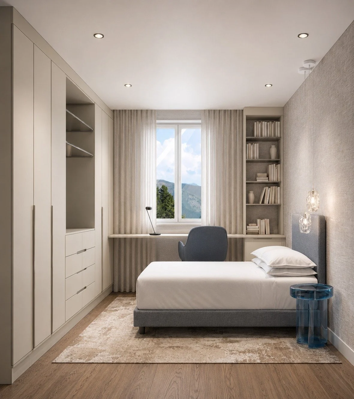 Penthouse living area concept with pale sofas, blue accents and full-height windows.