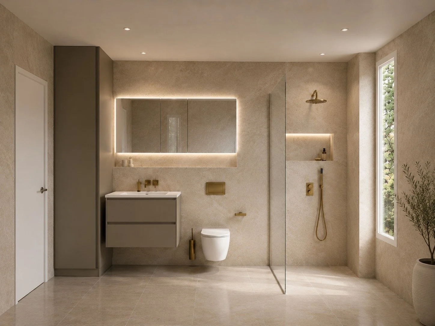 Zurich bathroom concept with a floating vanity, illuminated mirror, walk-in shower and warm stone finishes.