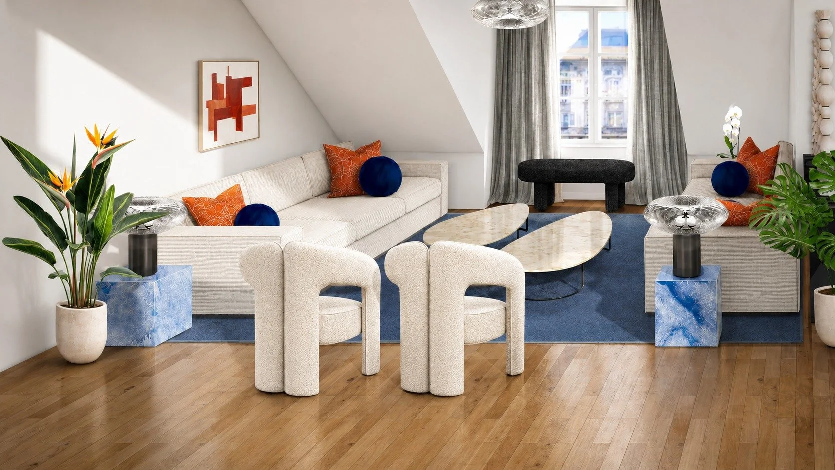 Family apartment lounge concept with pale seating, blue accents and a relaxed open-plan layout.