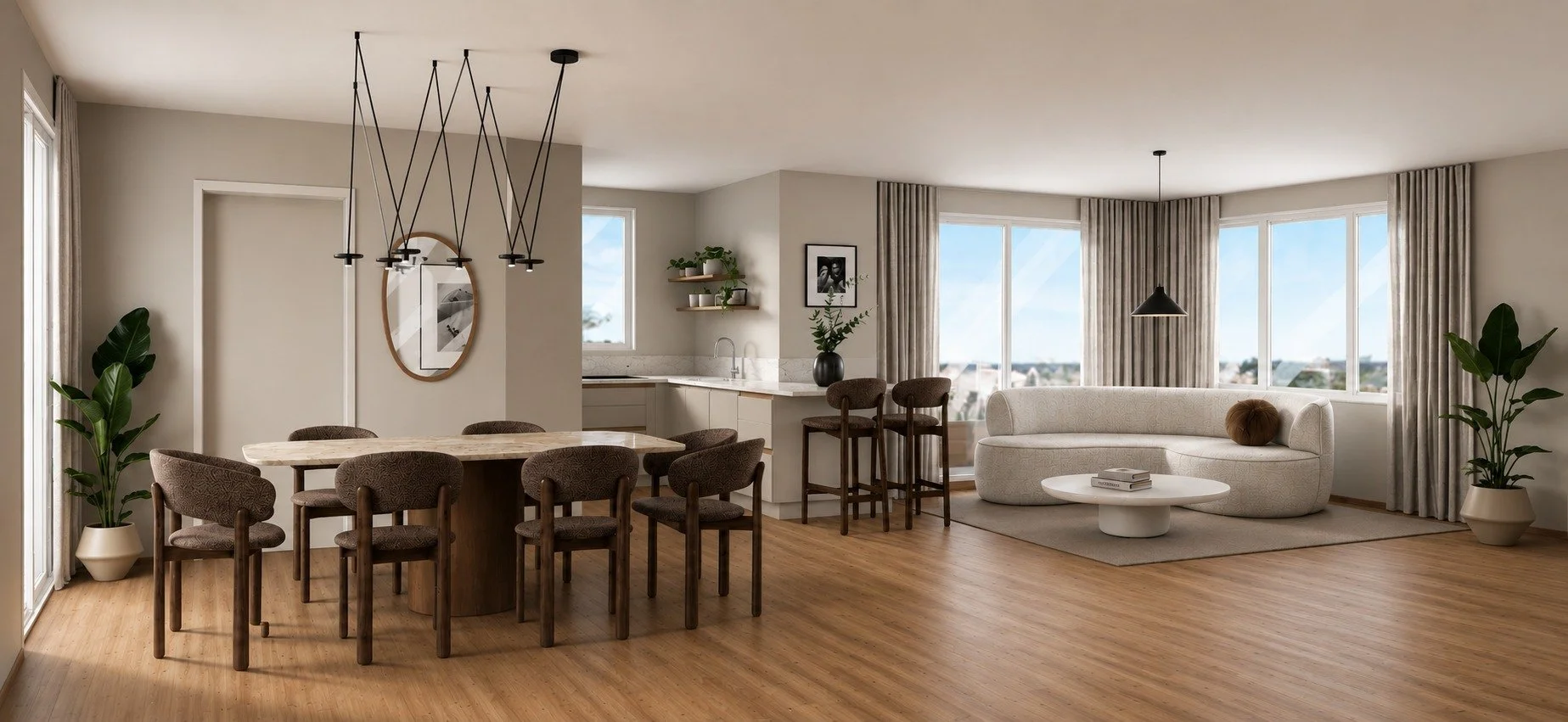 Japandi apartment dining and kitchen concept with natural wood, neutral colours and organic forms.