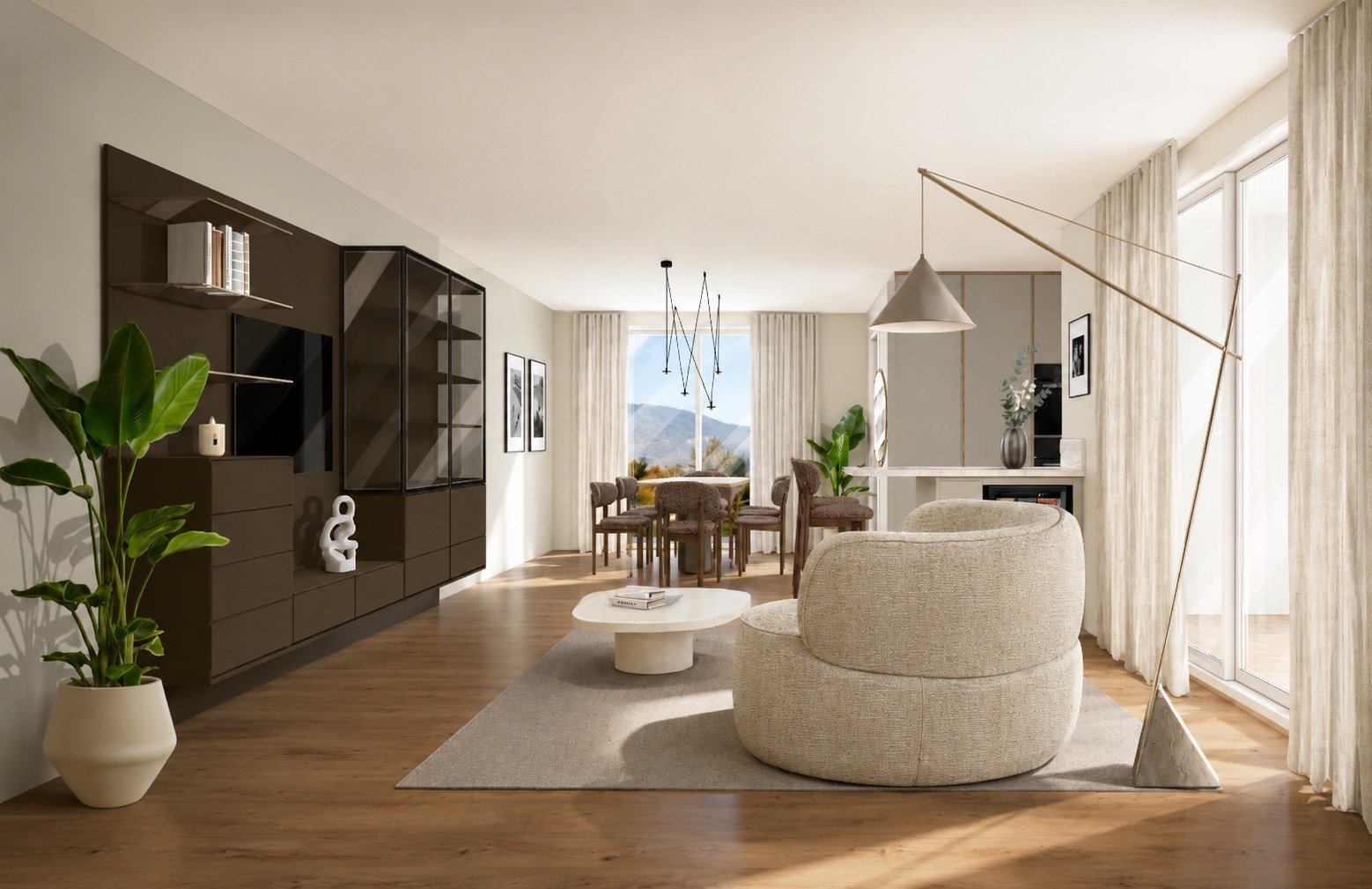 Japandi-style Zurich living room with rounded pale seating, a sculptural coffee table, dark shelving and natural timber flooring.