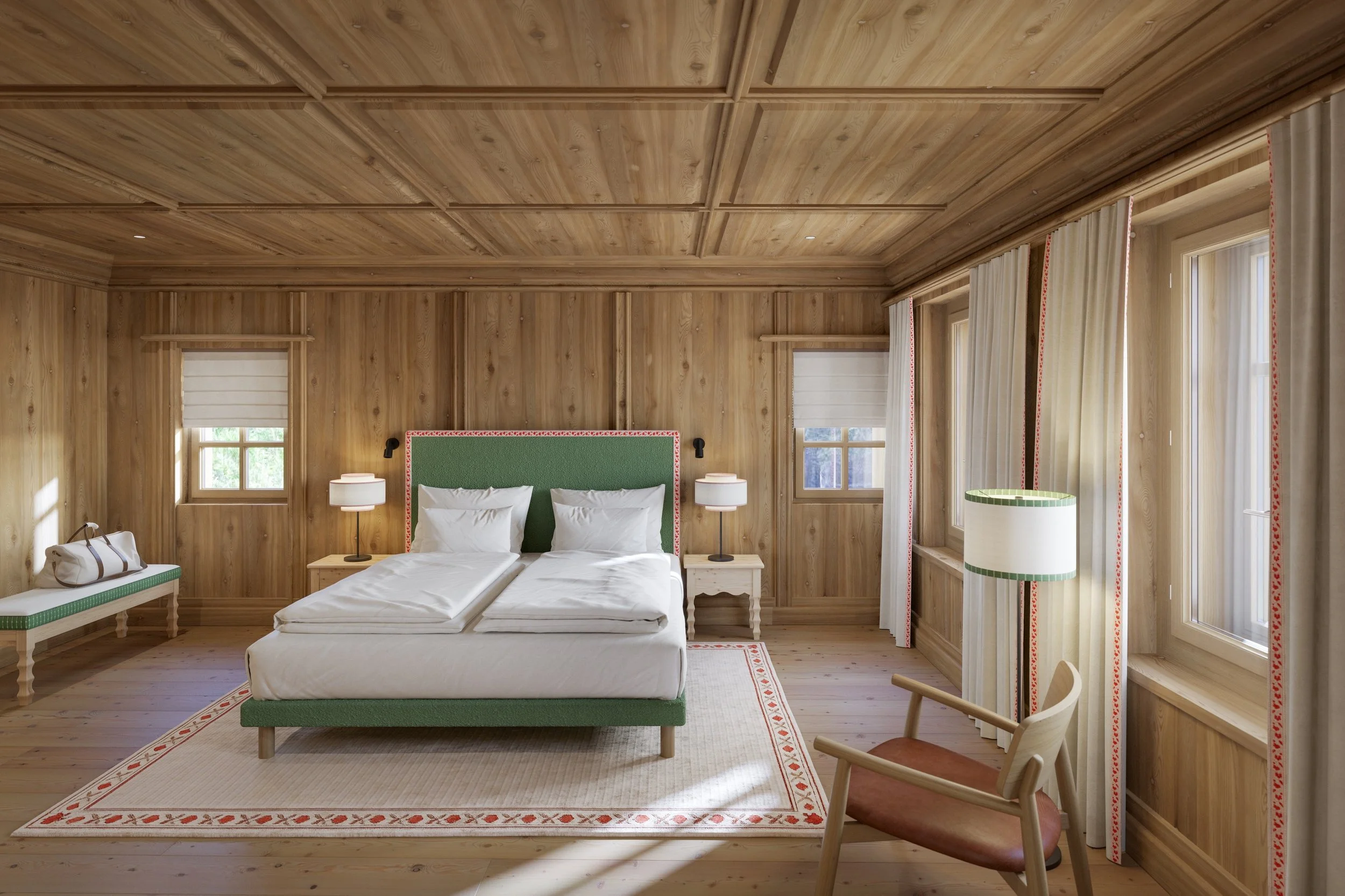 Alpine hotel guest room concept with timber wall panelling, a green headboard and a warm mountain atmosphere.