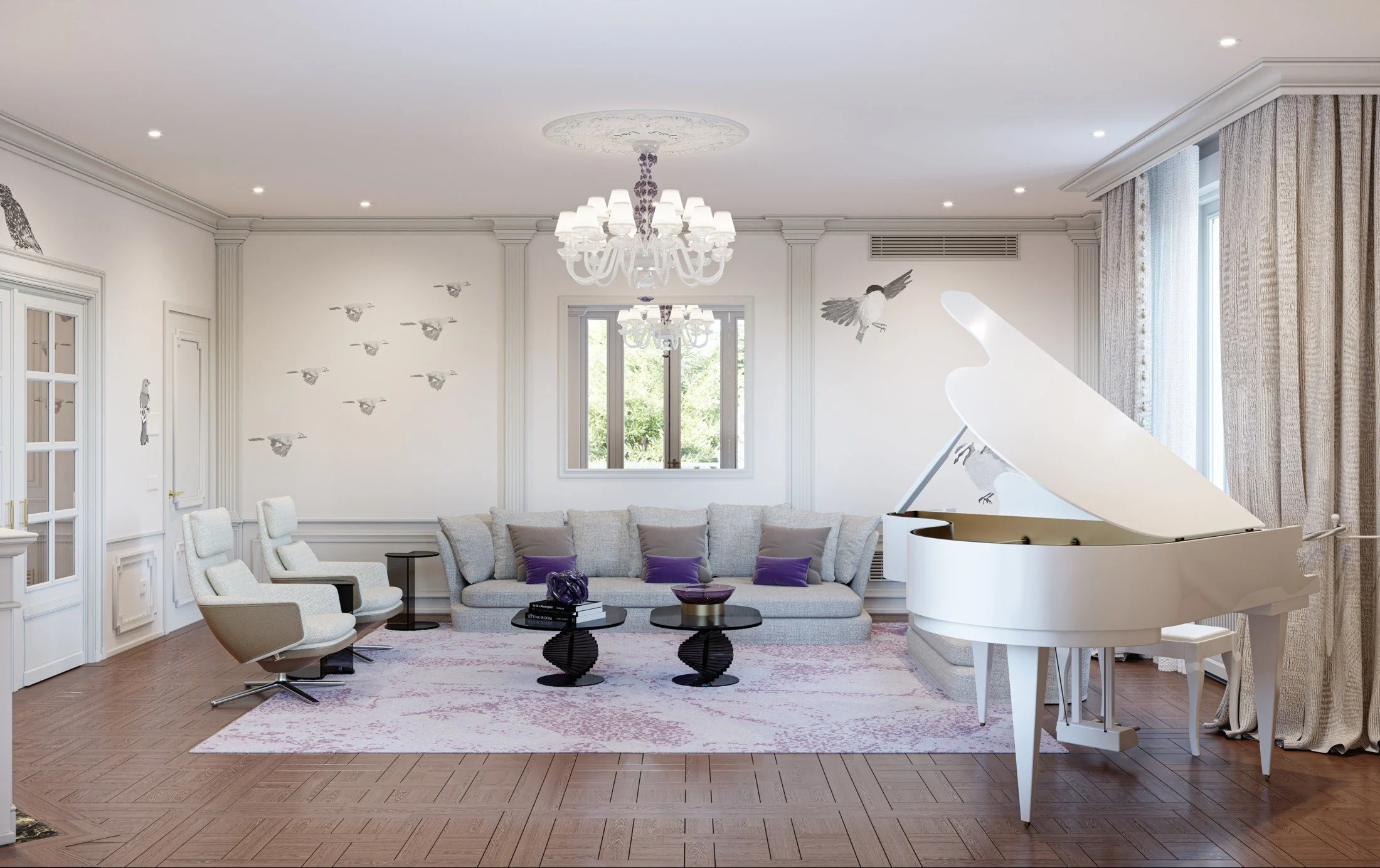Villa reception room with pale seating, decorative lighting and a grand piano.