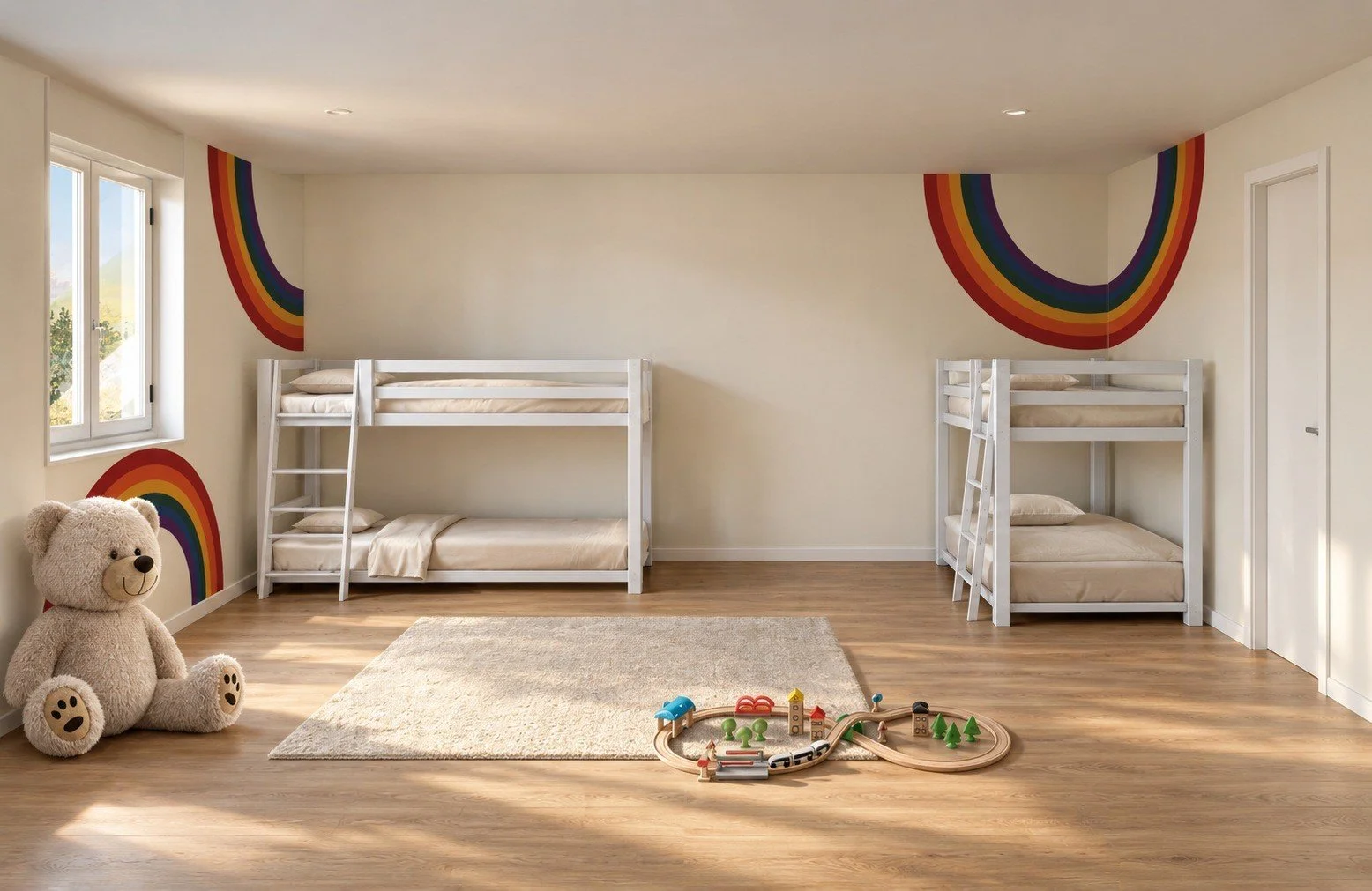 Residence interior with white storage furniture, timber flooring and colourful wall artwork.