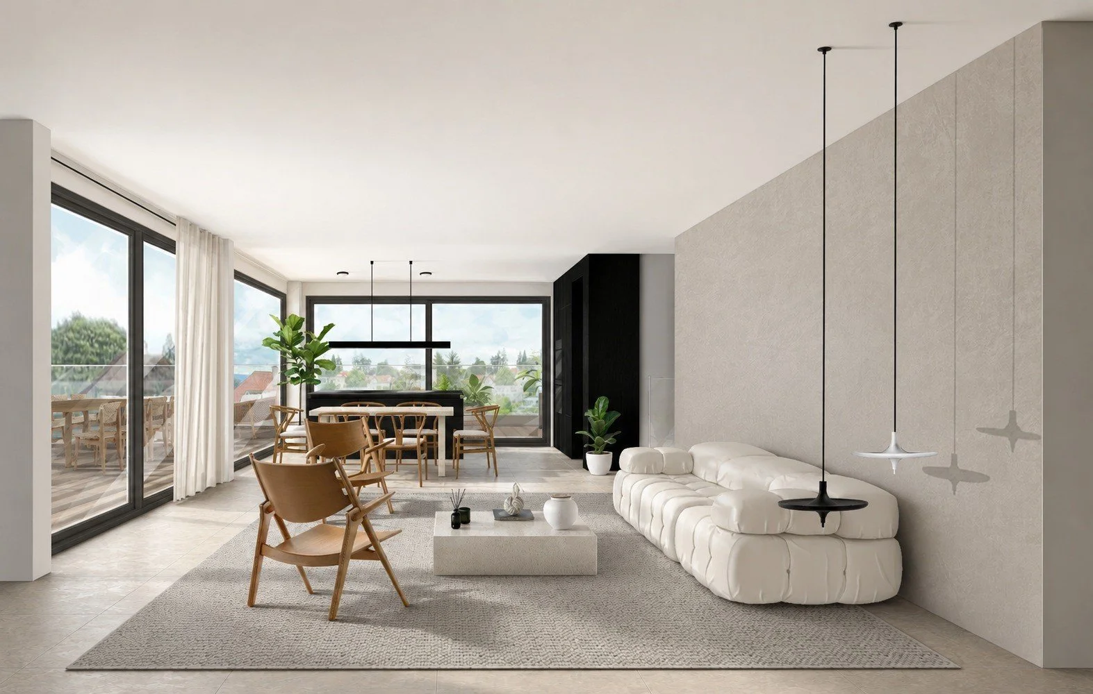 Lakeview penthouse living concept with pale modular seating, timber chairs and full-height windows opening towards the terrace.