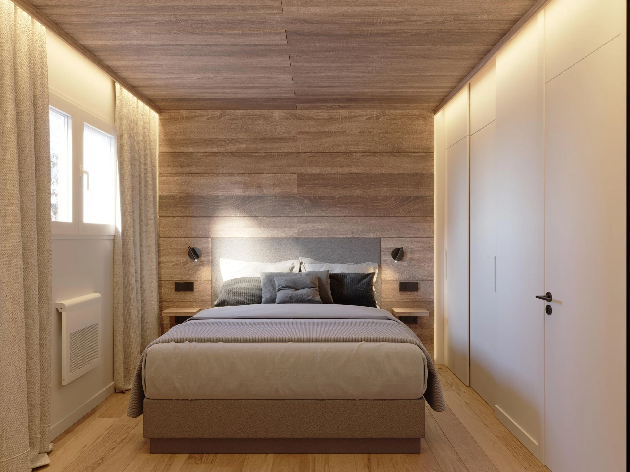 Alpine bedroom concept with timber panelling and a bed beneath a warm timber ceiling.
