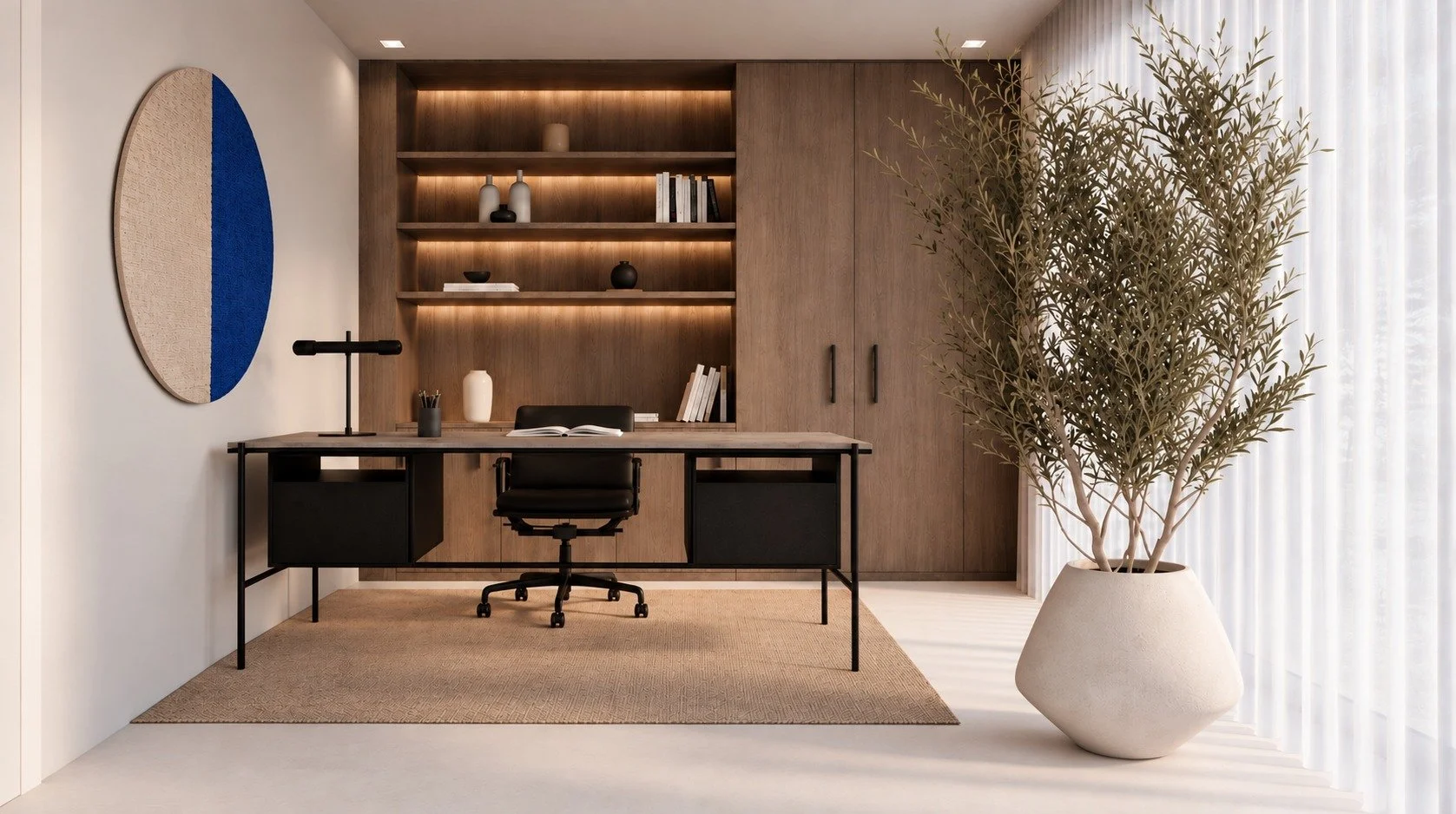 Penthouse home office concept with a dark desk, timber shelving and integrated lighting.