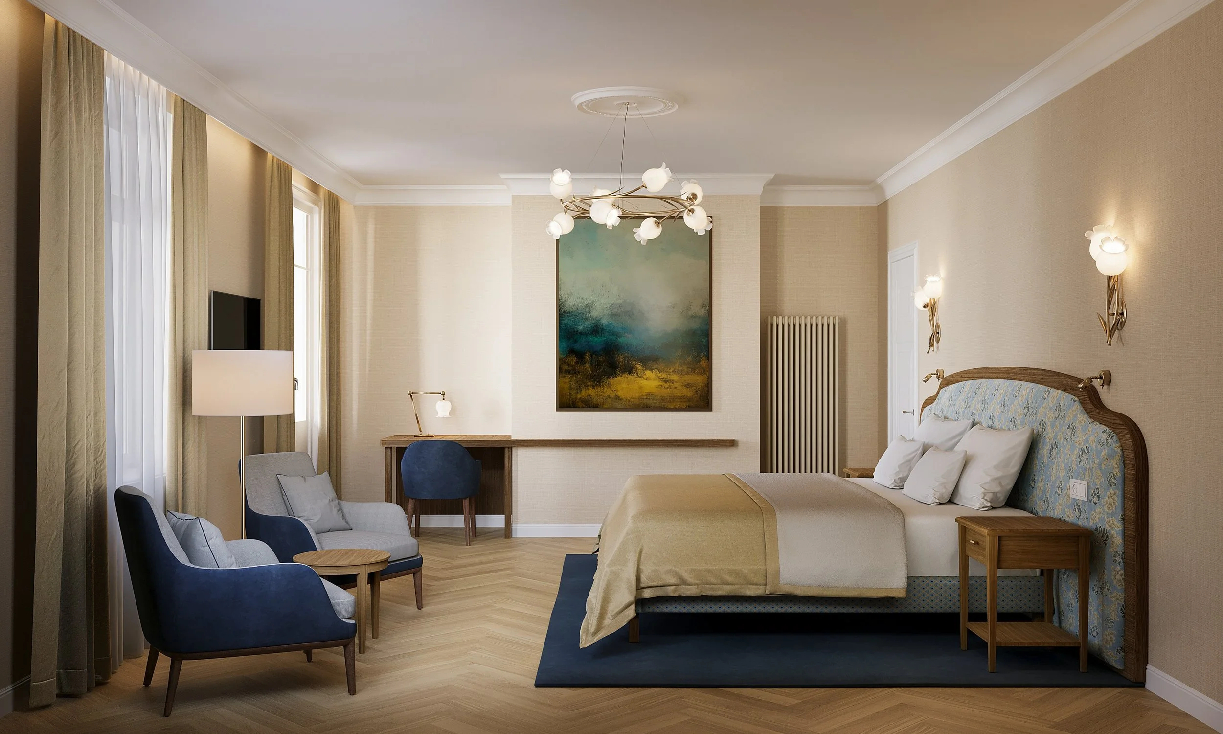 Hotel Waldhaus Sils heritage room with a classic bed, blue seating and warm neutral finishes.