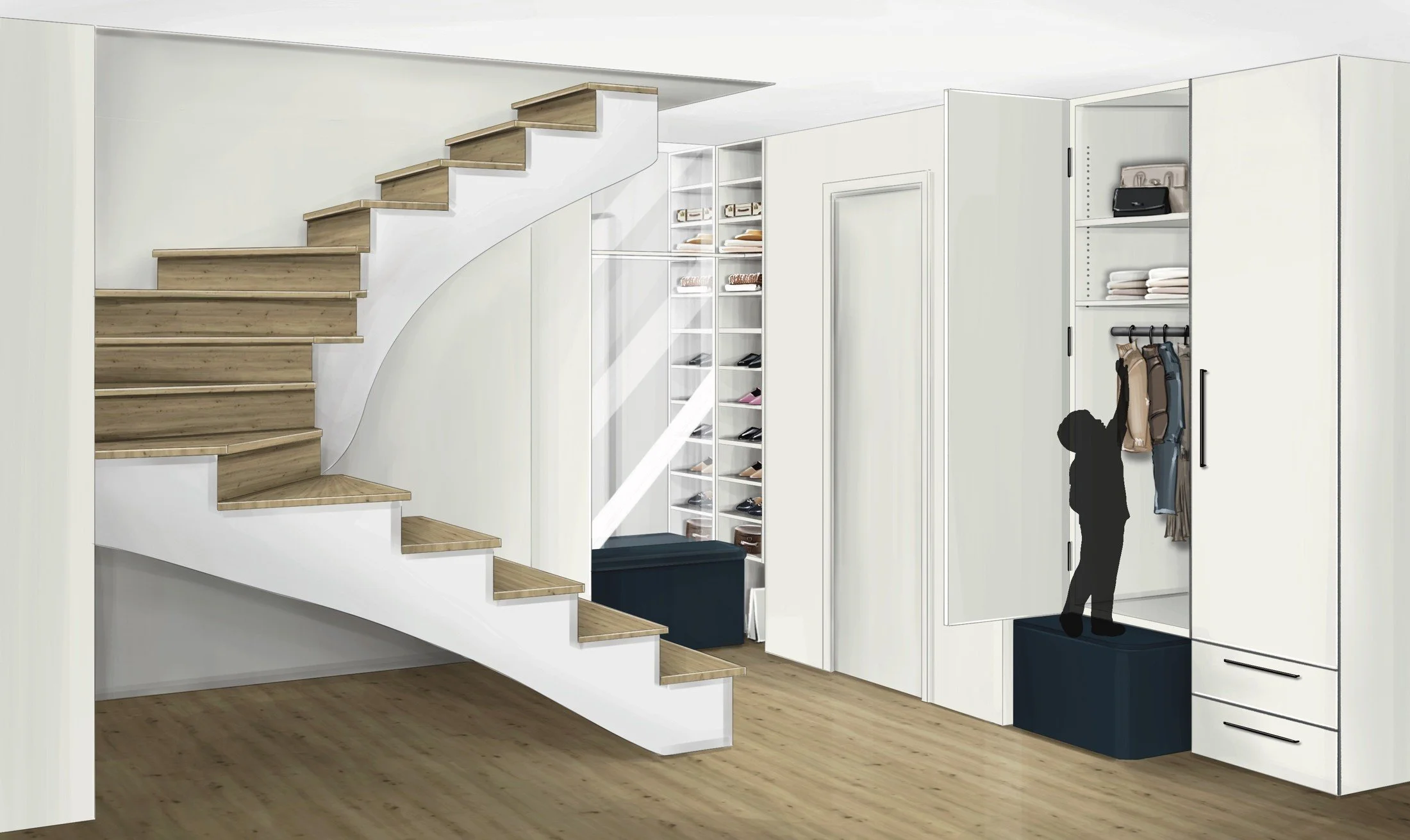Alternative townhouse entrance study showing white joinery and the staircase beside a human scale figure.