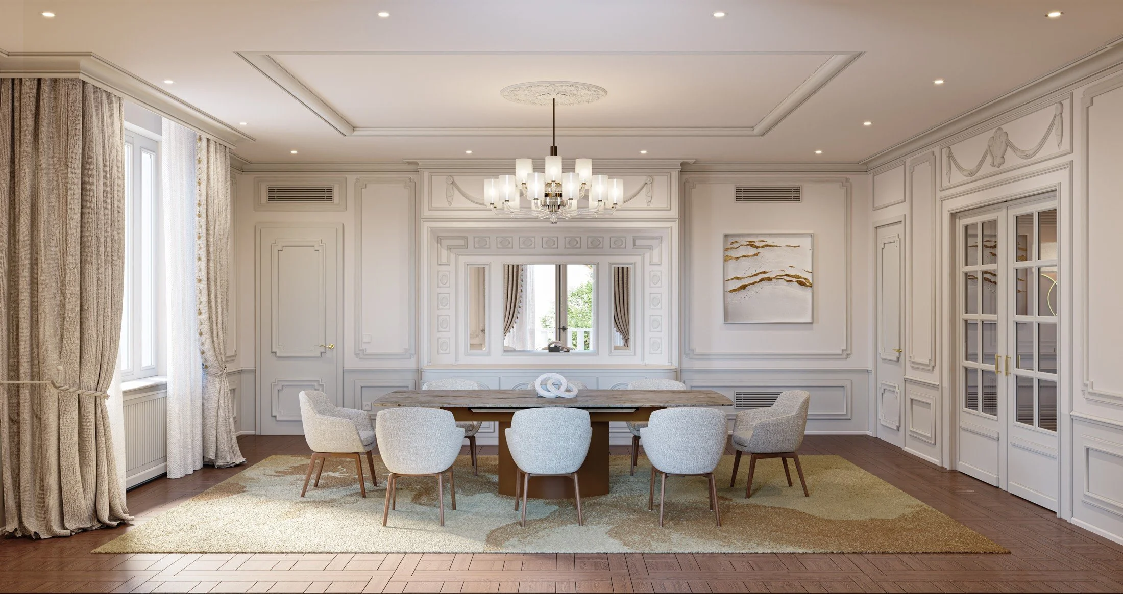 Private villa dining concept with a long table, pale upholstered chairs, decorative wall panelling and a chandelier.