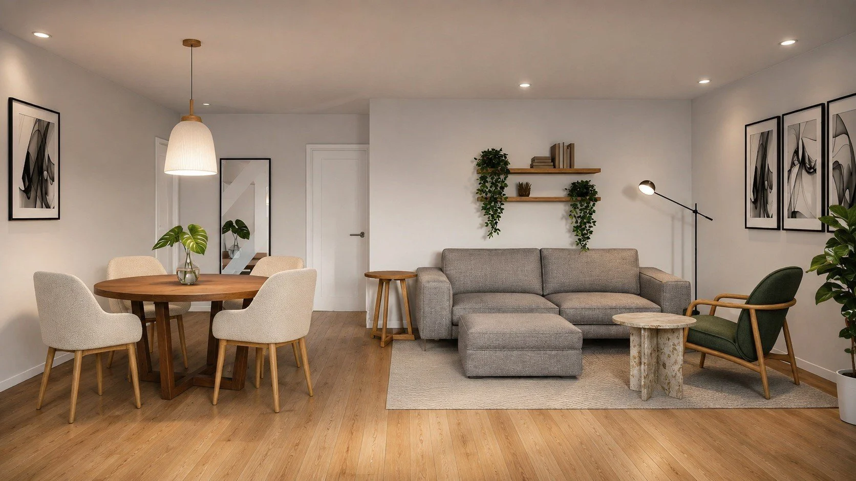 Zurich apartment living and dining concept with a grey sectional sofa, pale timber furniture and green accents.