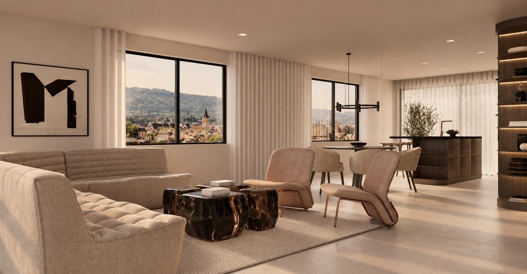 Zurich penthouse living room concept with neutral seating, sculptural coffee tables and full-height windows.