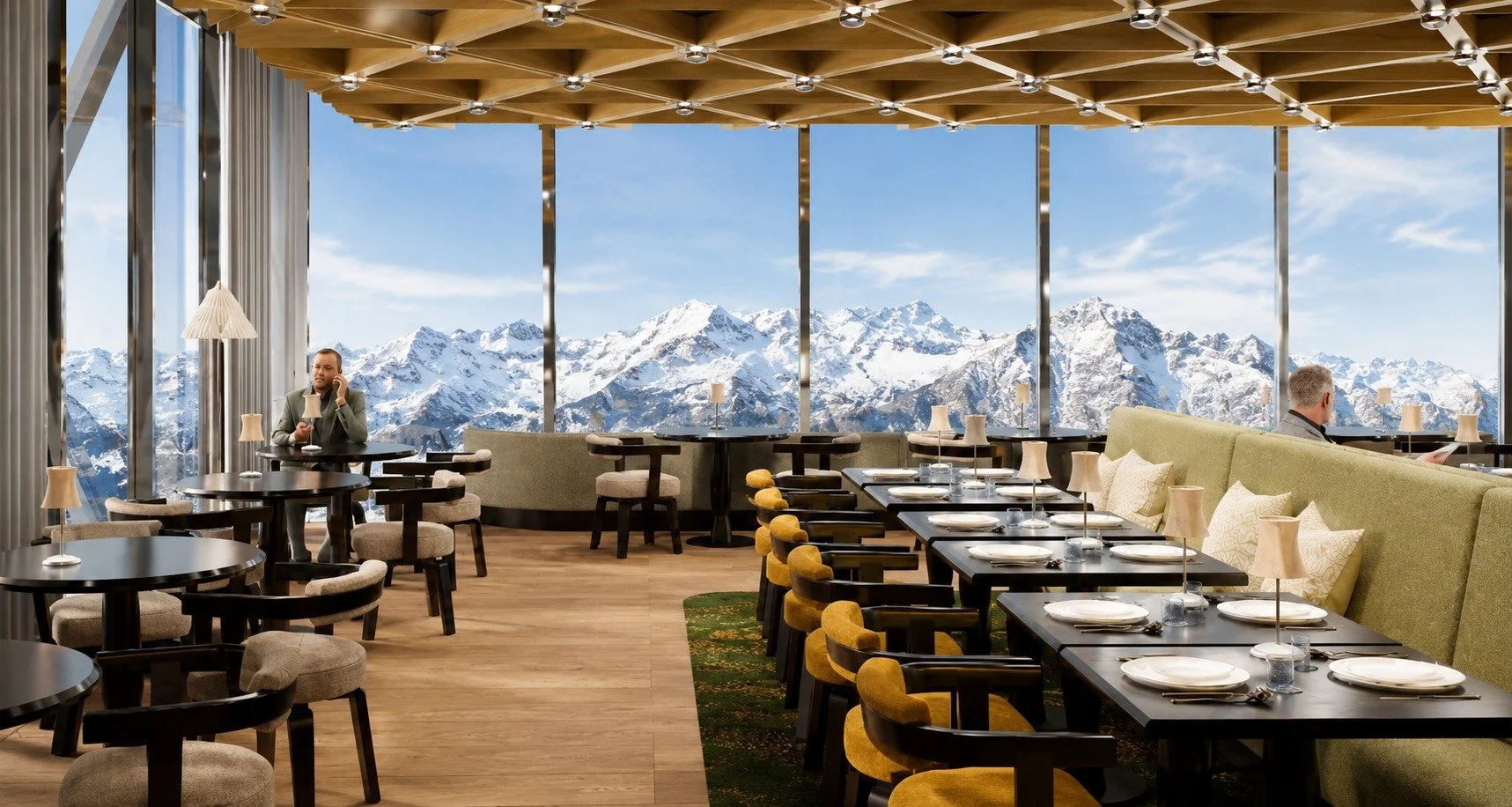 Joseph’s Restaurant on Mount Titlis with dining tables, upholstered seating and panoramic Alpine views.
