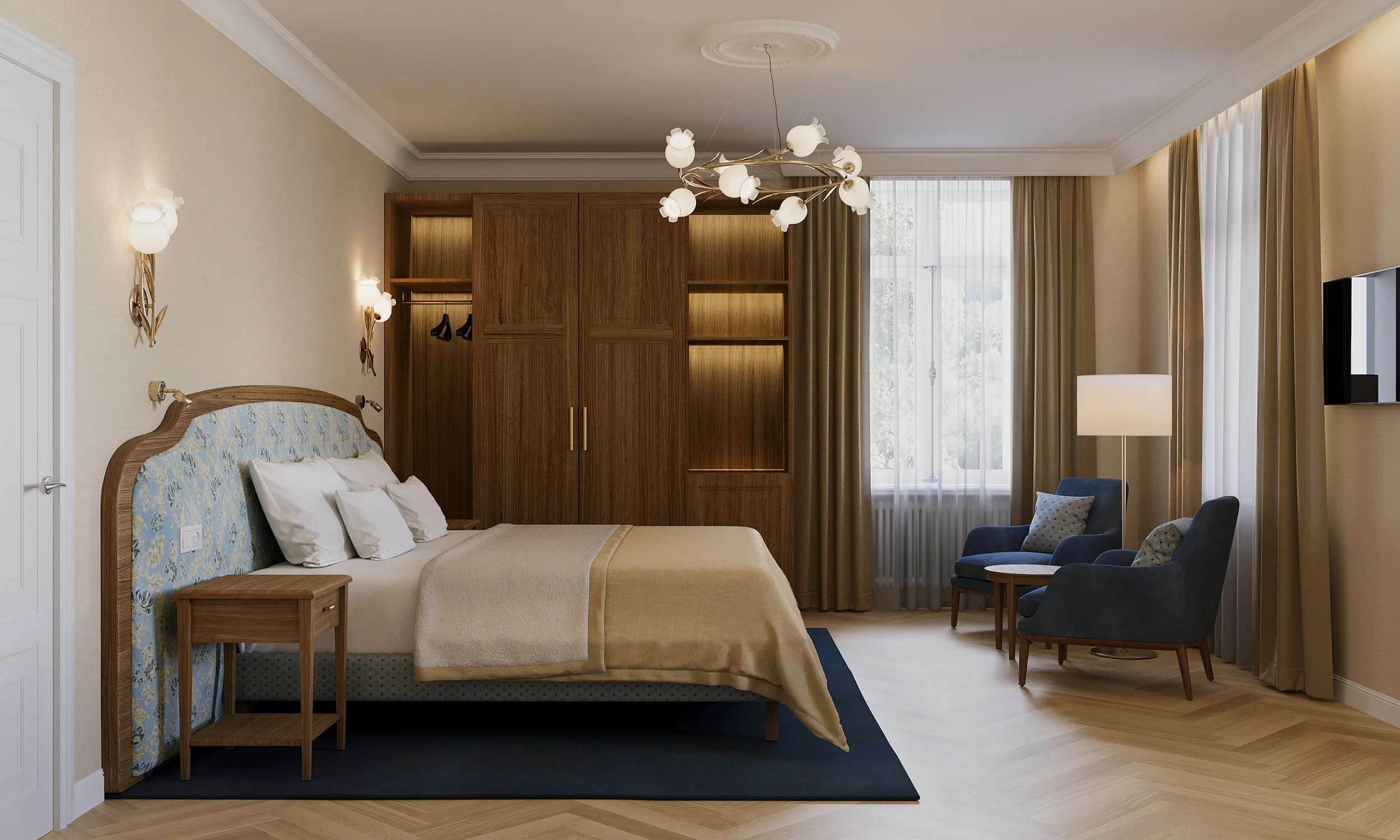 Hotel Waldhaus Sils heritage bedroom with dark timber cabinetry, a classic bed and blue accents.