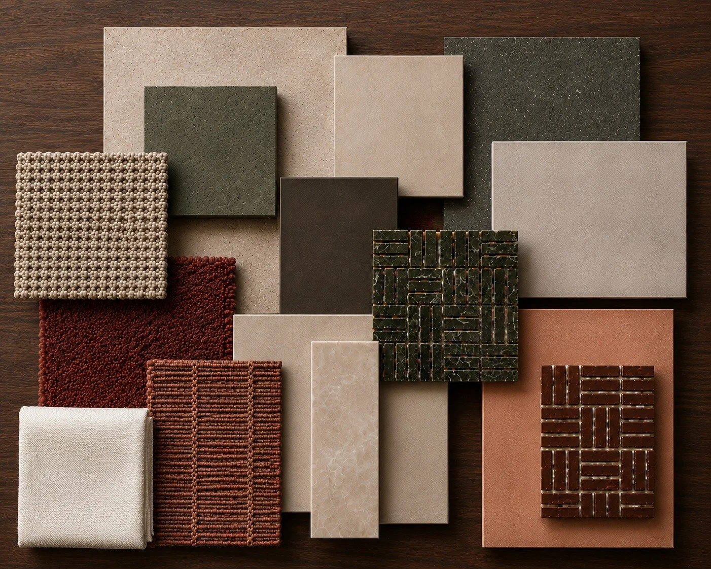 Villa material palette with stone, textured textiles and timber samples in green, cream and warm brown tones.