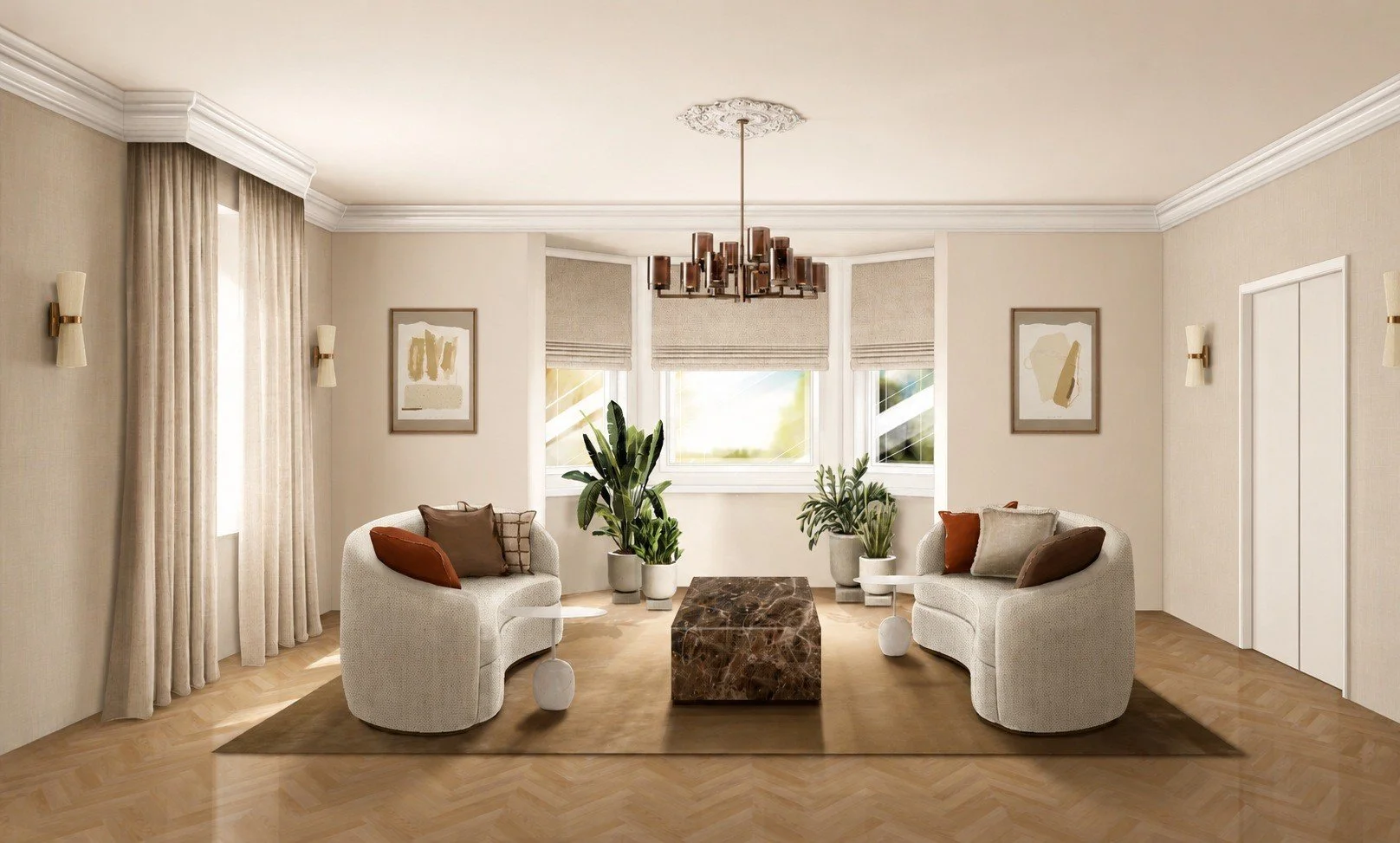 Villa living room concept with curved cream armchairs, warm neutral finishes and a sculptural coffee table.