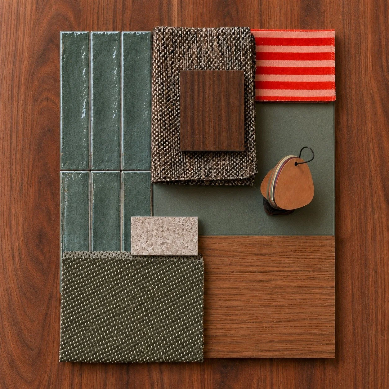 Otto material palette with green tiles, timber, textured upholstery and warm orange accents.