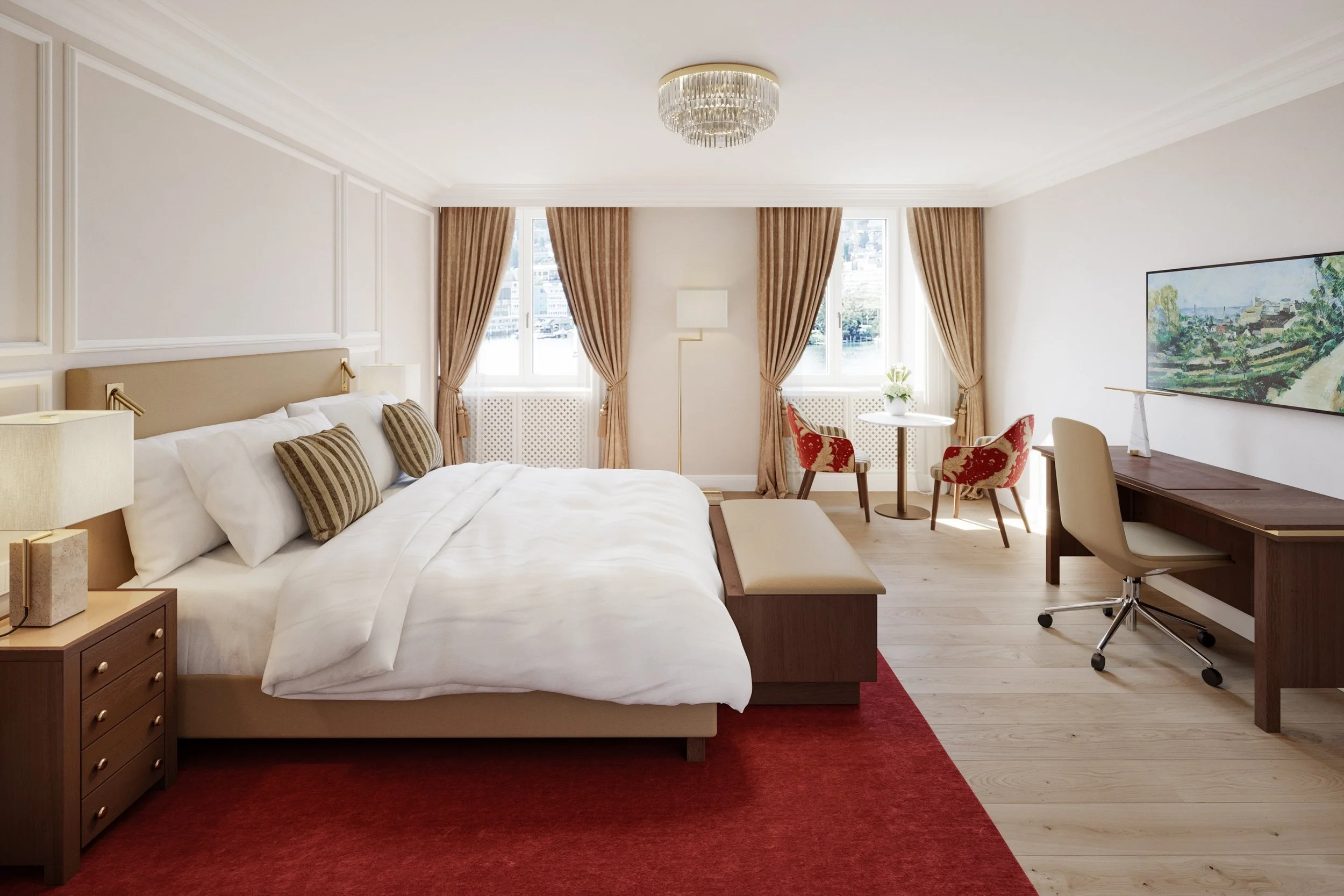 Grand Hotel National Lucerne guest room with white bedding, warm curtains and a red rug.