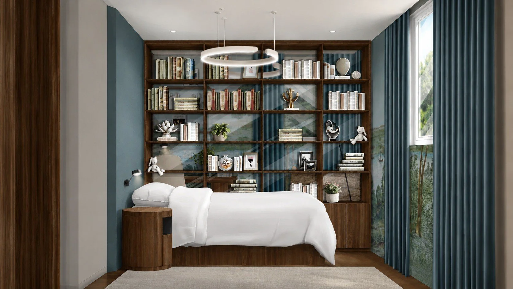 Bedroom concept with a bed framed by full-height bookshelves, blue curtains and circular pendant lighting.