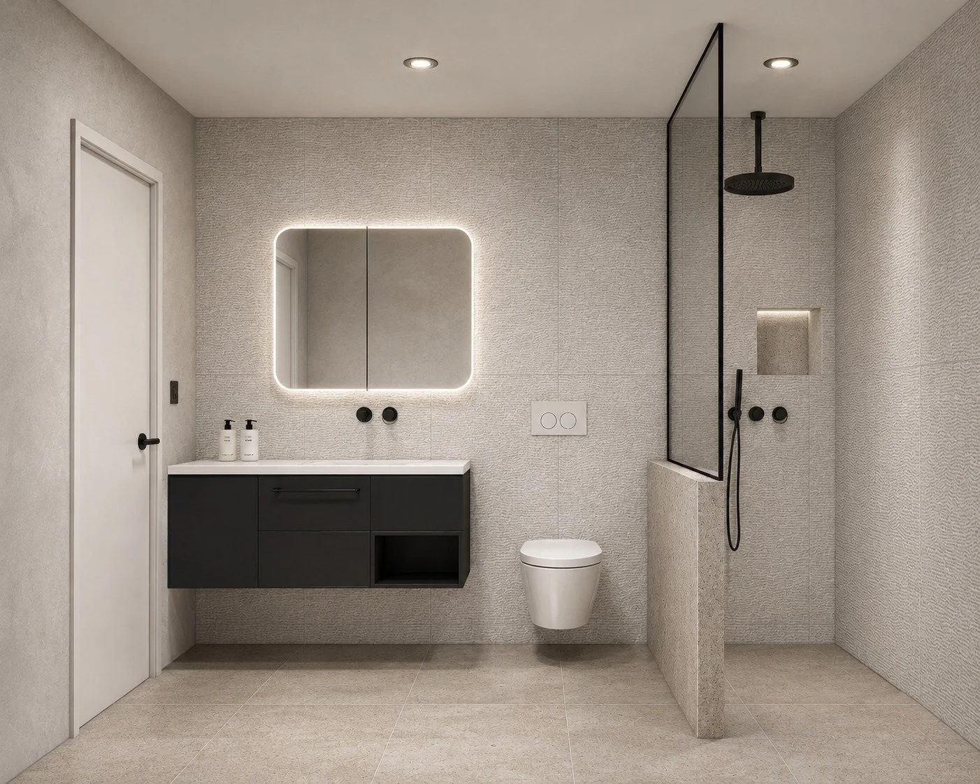 Penthouse bathroom concept with stone surfaces, a floating vanity and a walk-in shower.