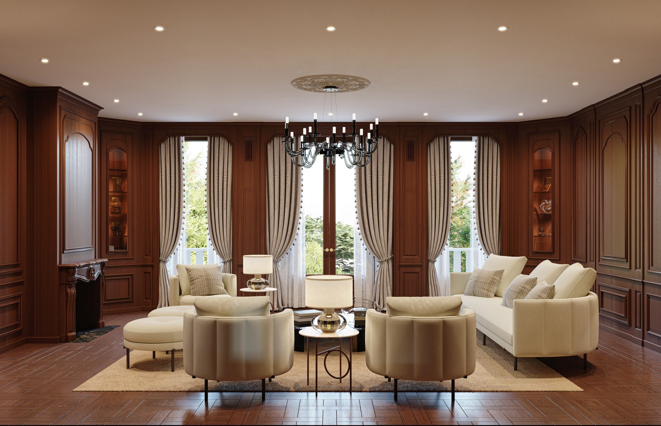 Villa reception room concept with a dark timber feature wall, pale armchairs and tall windows.