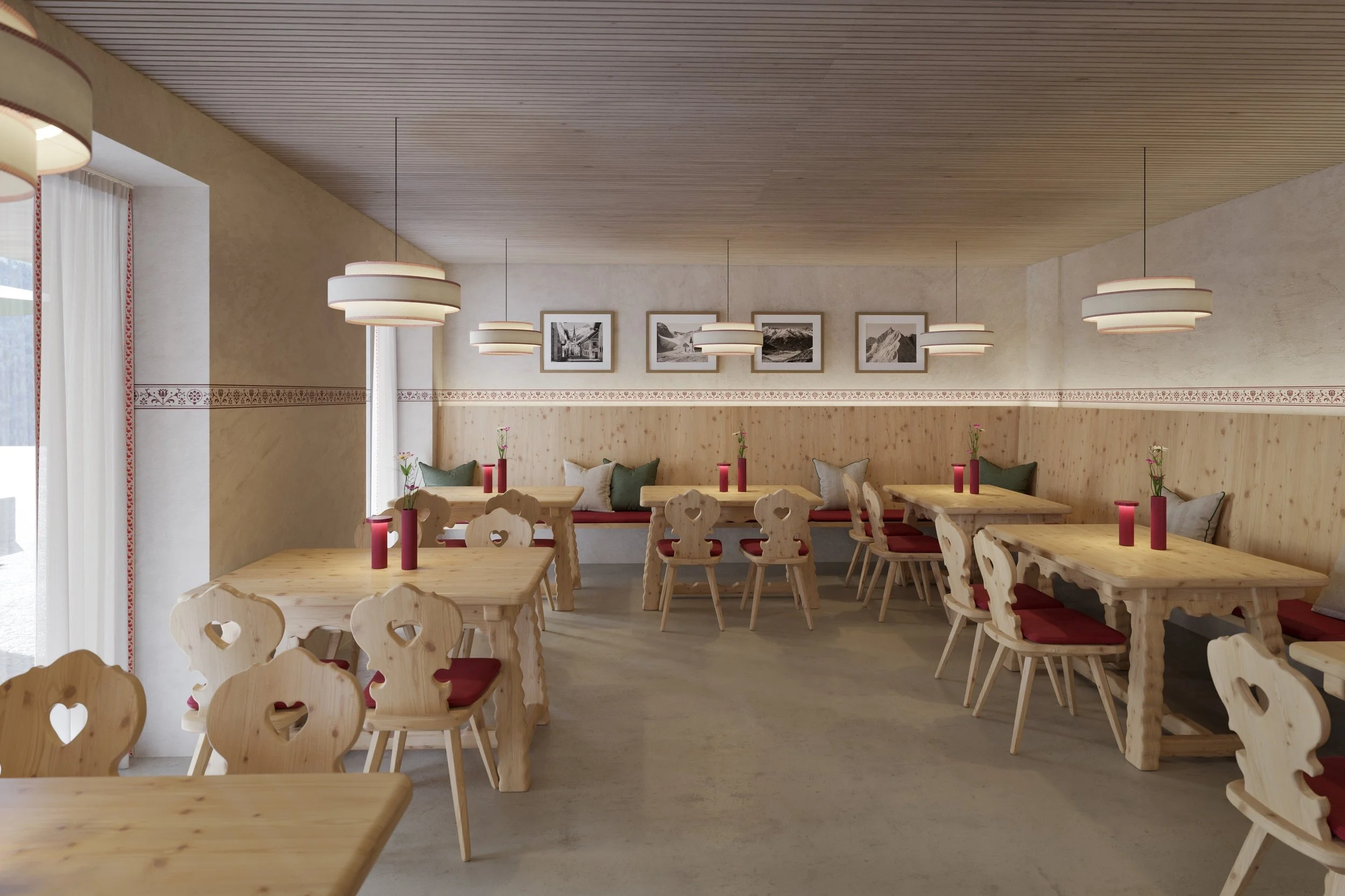 Alpine hotel restaurant concept with traditional timber chairs, pale wood finishes and red accents.
