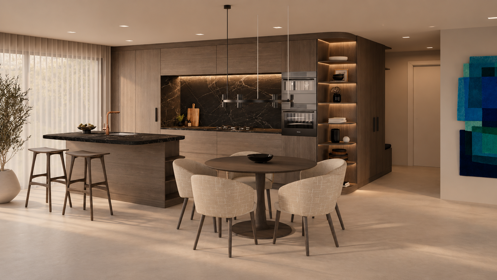 Modern kitchen with wooden cabinets, black marble backsplash, an island with a black marble top, a round dining table with six upholstered chairs, and a built-in shelving unit with decorative items. Large windows with sheer curtains allow natural light.