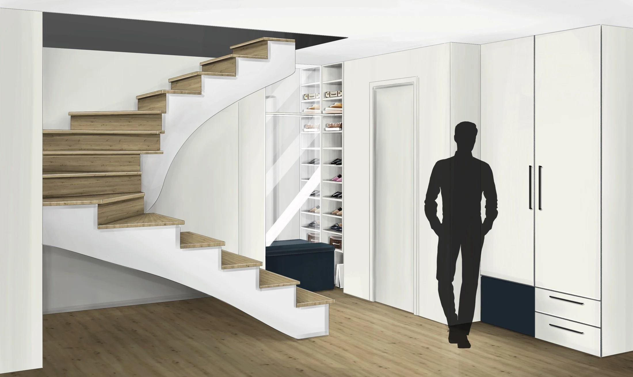 Townhouse entrance and staircase concept with integrated white storage and timber steps.