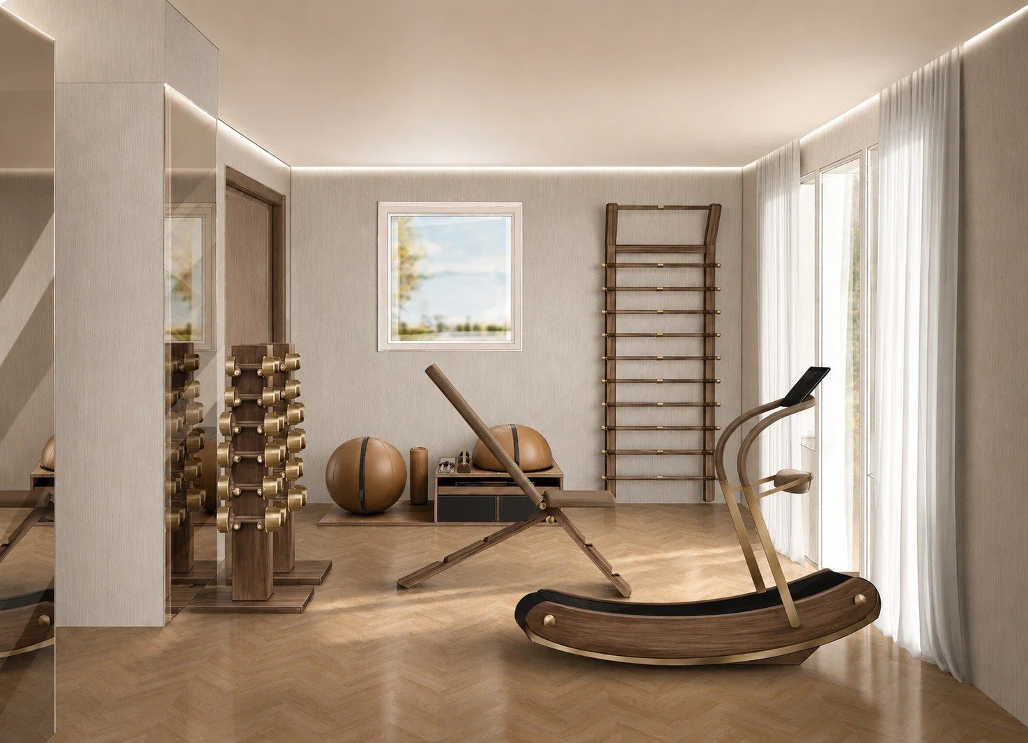 Villa fitness room concept with exercise equipment, timber flooring and a bright window.