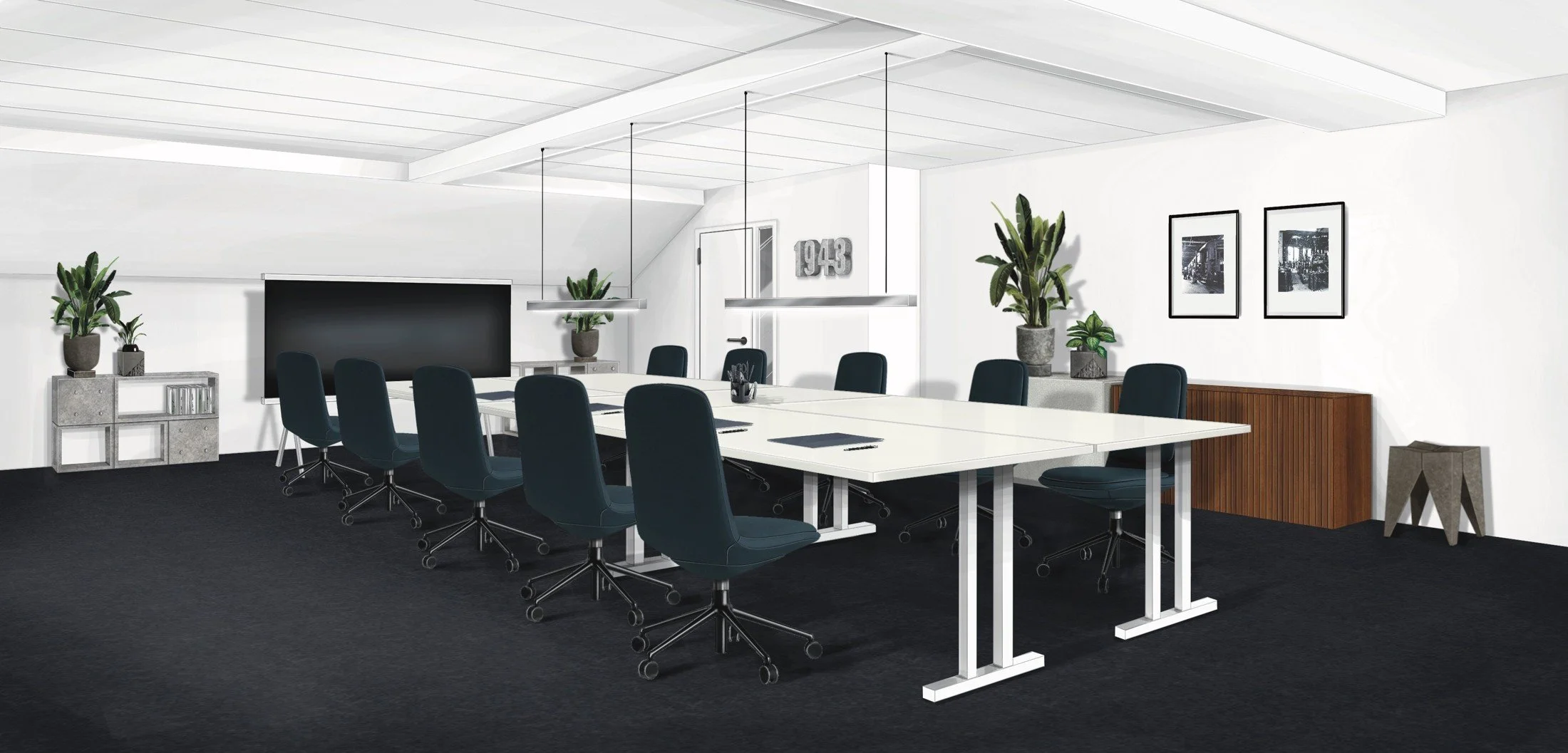 Office proposal showing shared desks, plants and company heritage graphics within a calm monochrome interior.