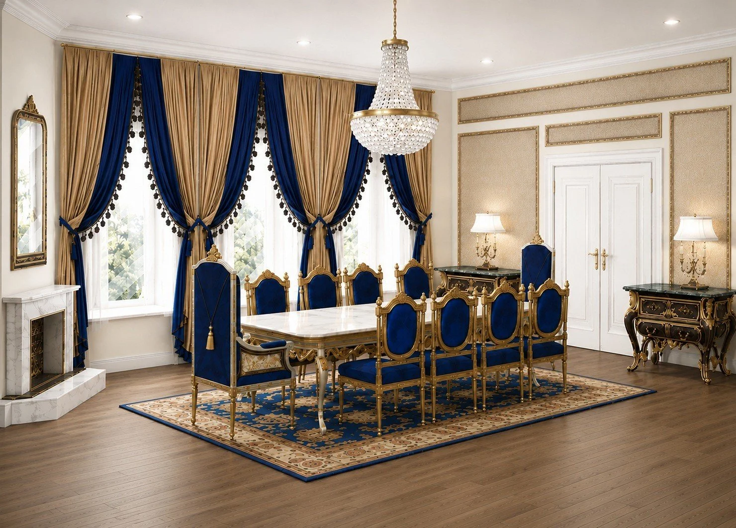 Residence conference table framed by blue curtains, gilded detailing and decorative wall panels.