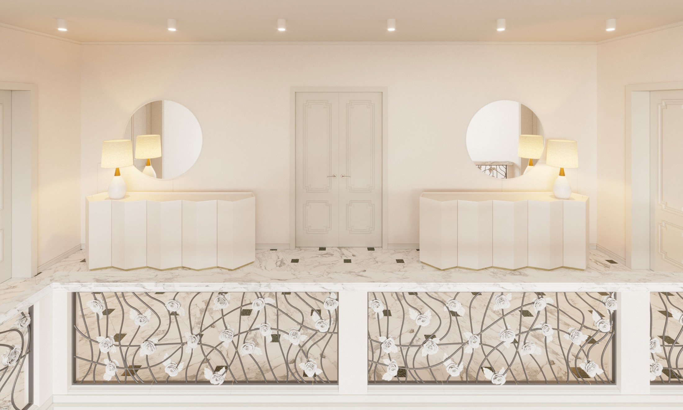 Villa interior concept showing light cabinetry, patterned panels and a refined neutral palette.