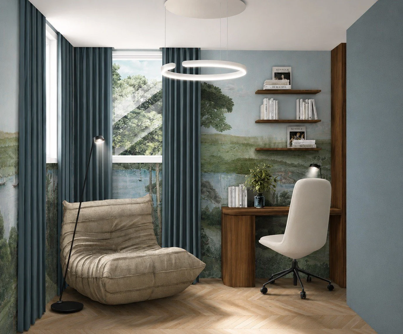 Bedroom study and relaxation corner with a desk, upholstered lounge chair and tall windows.