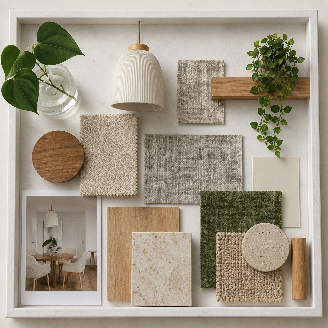 Apartment material board with natural timber, neutral textiles, greenery and muted green finishes.