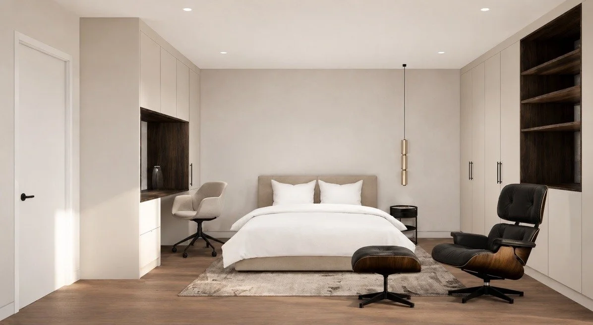 Penthouse bedroom concept with an upholstered bed and warm neutral finishes.