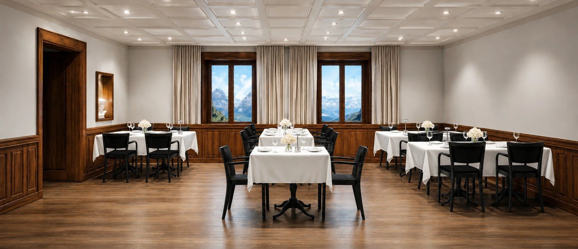 Restaurant Winkelried dining room with white tablecloths, timber wall panelling and dark dining chairs.
