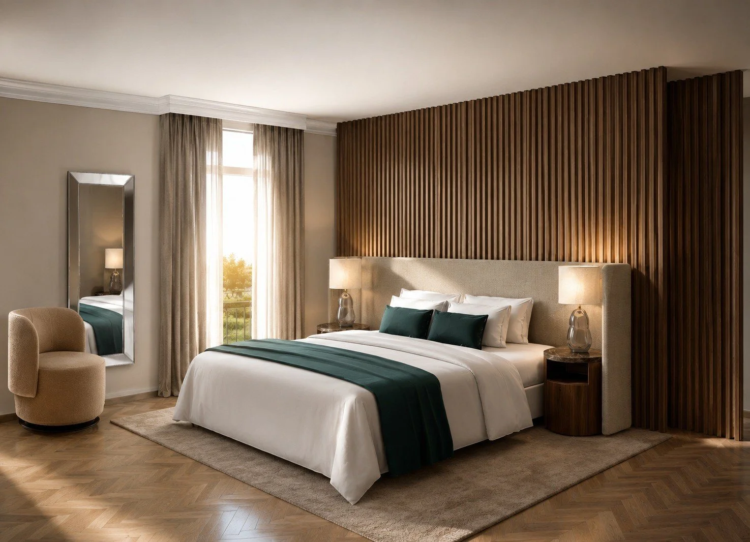 Villa bedroom concept with a timber feature wall, upholstered bed and deep green accents.