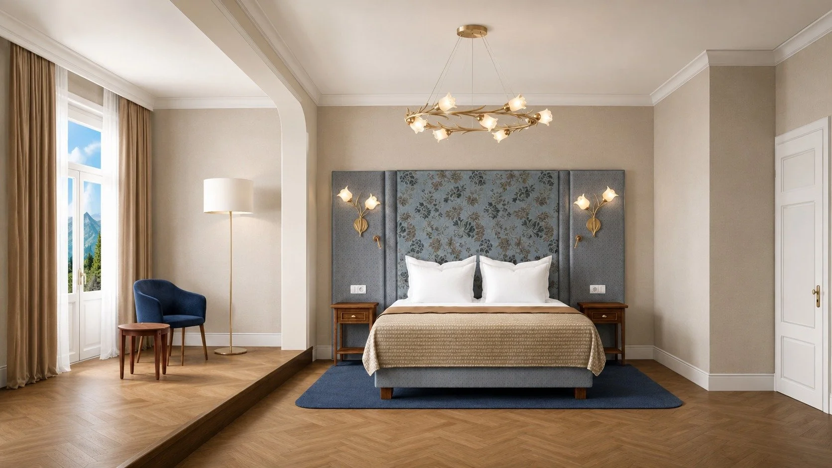 Completed Waldhaus Sils guest room with a blue floral headboard, blue rug and herringbone timber flooring.