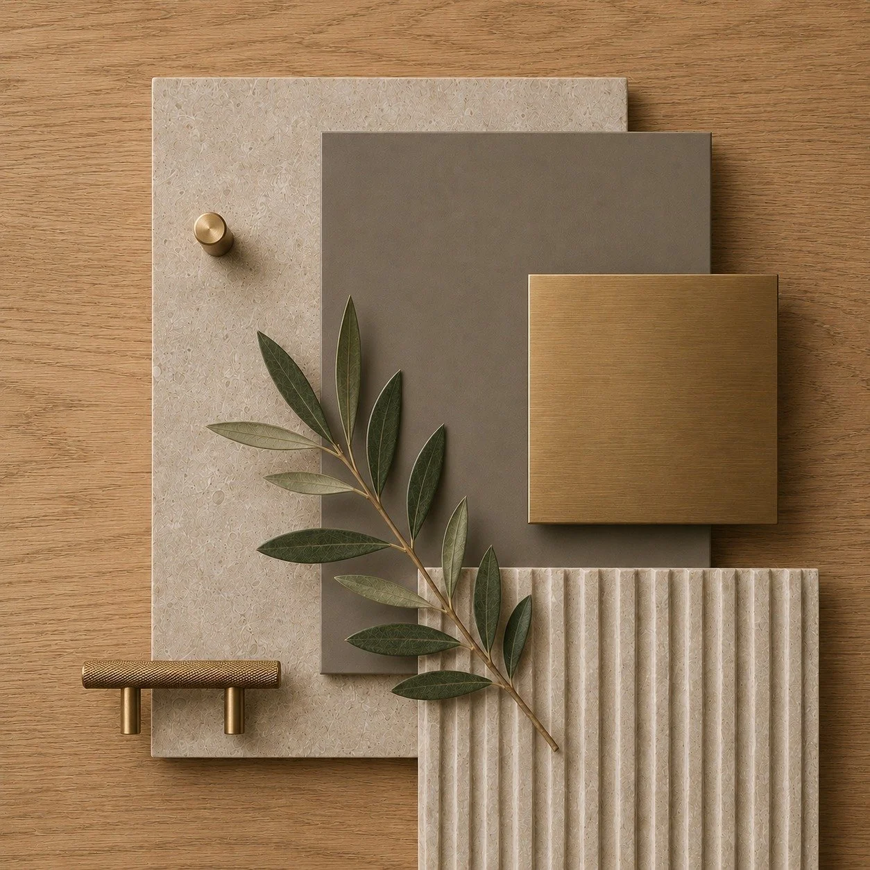 Bathroom material board with neutral stone, ribbed textures and brass-toned finish samples.