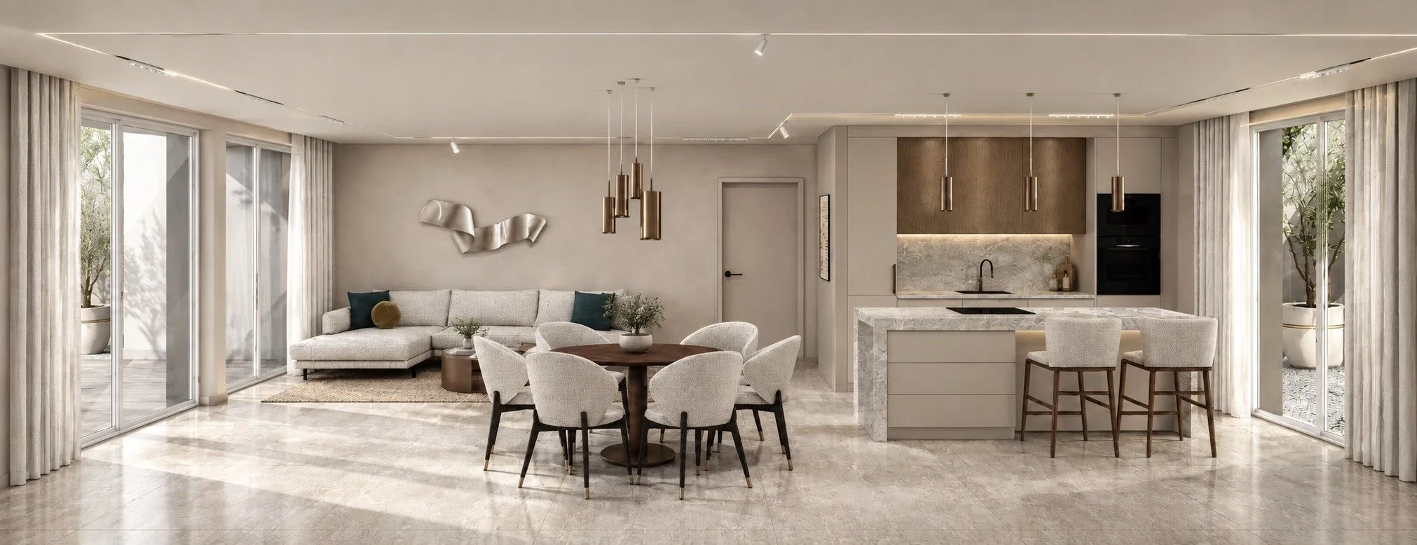 Zurich penthouse concept with an open-plan living and dining space, pale finishes and a kitchen island.
