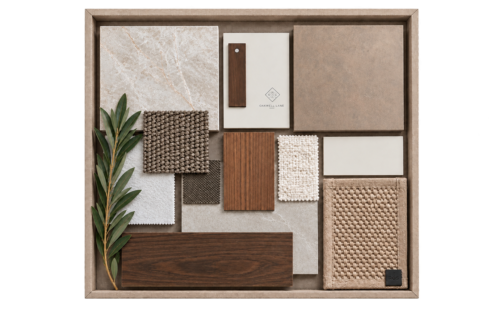 Penthouse material board with timber, stone and woven textile samples in warm neutral tones.