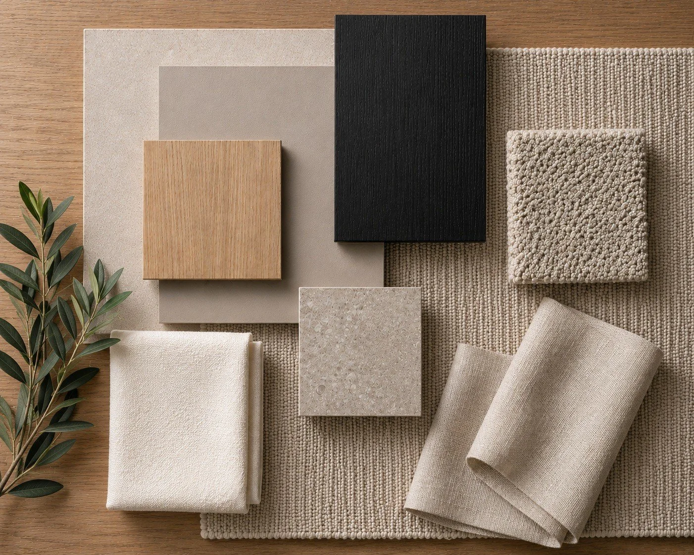Penthouse material palette with neutral textiles, pale timber and dark accent samples.