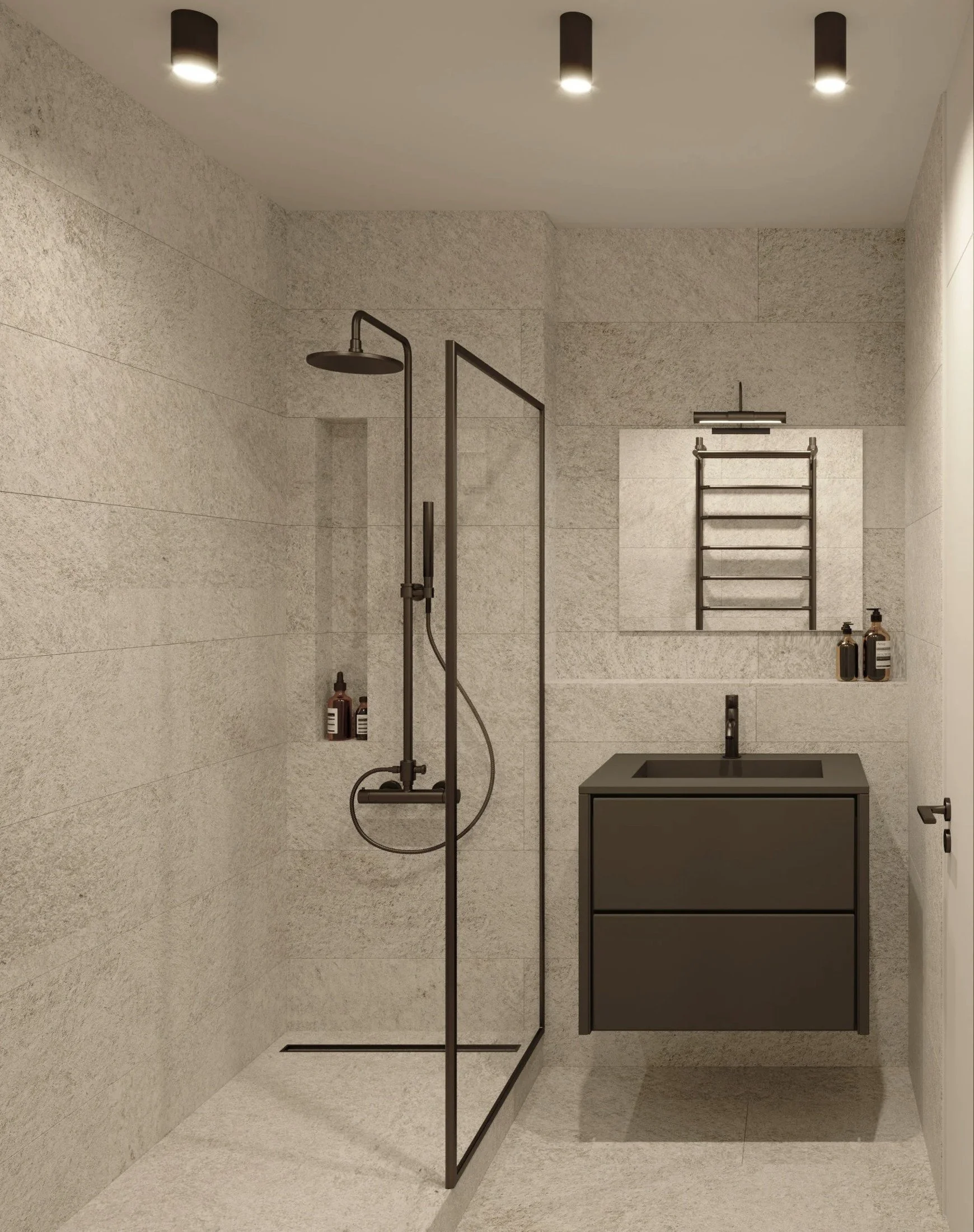 Compact bathroom concept with a walk-in shower, floating vanity and neutral stone finishes.