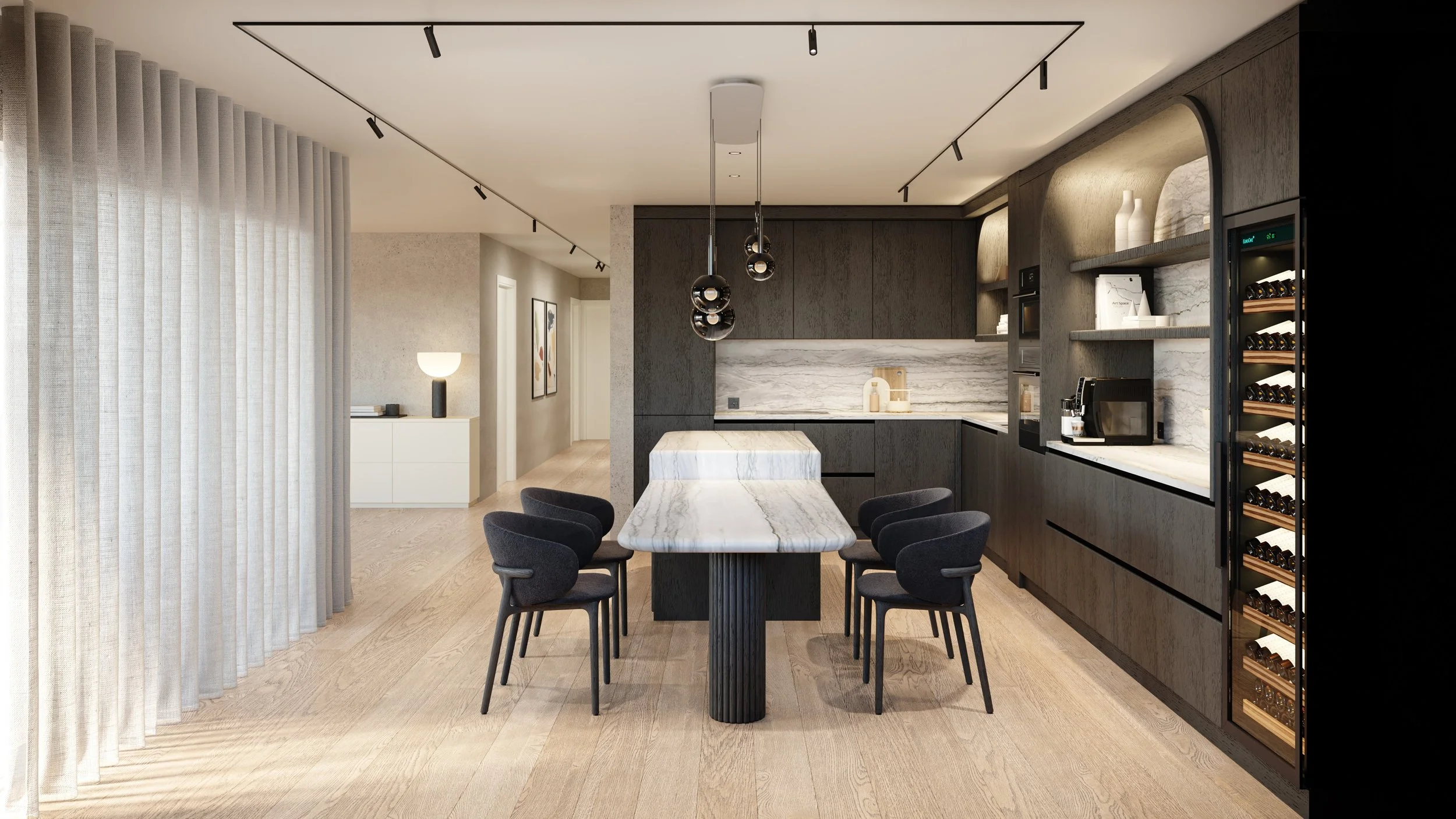 Zurich penthouse kitchen and dining concept with dark cabinetry, a long table and full-height curtains.