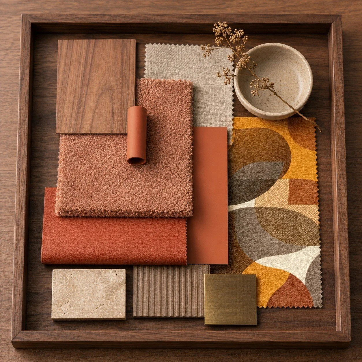 Le Café material board with warm orange upholstery, timber and patterned finishes.