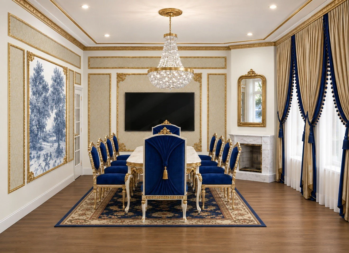 Grand Hotel National residence meeting room with blue and gold chairs, ornate wall panels and a crystal chandelier.