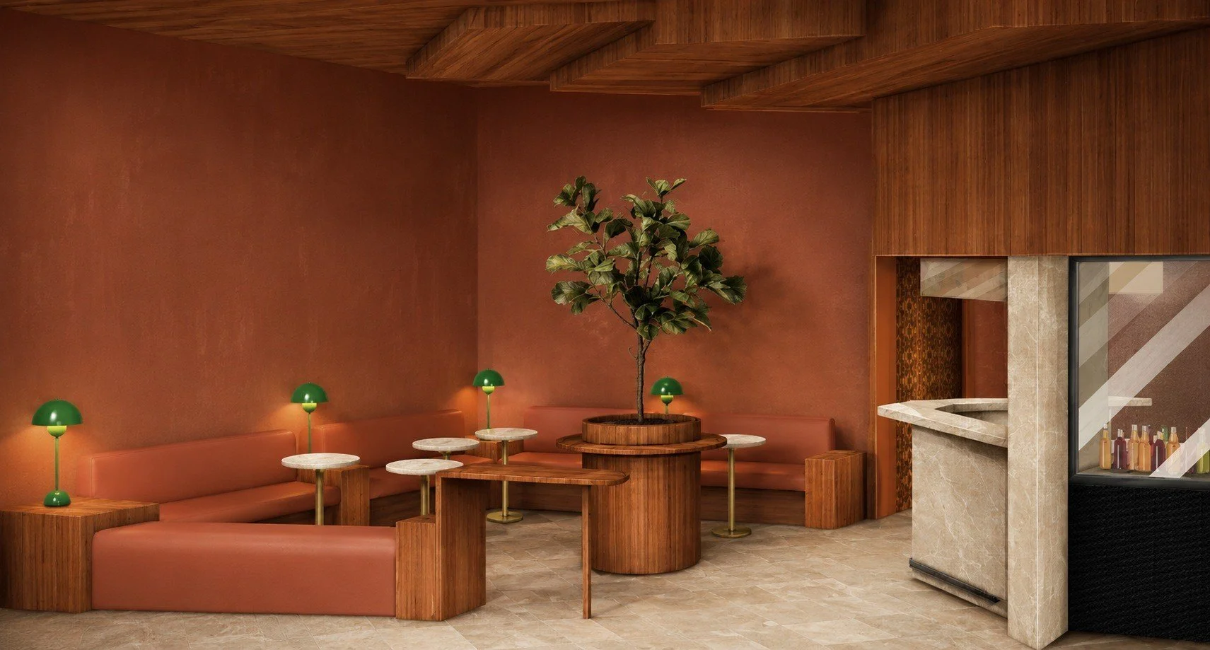 Le Café interior concept with terracotta walls, curved banquette seating, timber tables and green lamps.