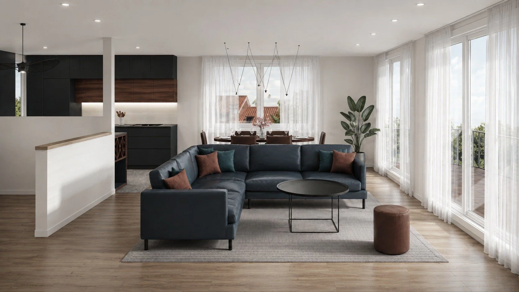 Zurich townhouse living concept with a dark sectional sofa, pale timber flooring and full-height windows.